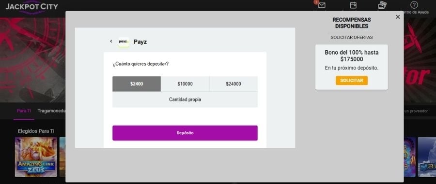 Depositar con Payz en Jackpot City