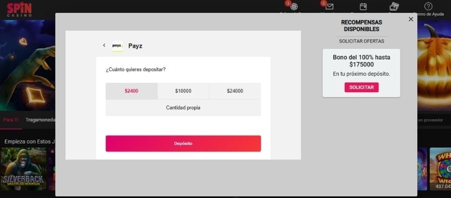 Depositar con Payz en Spin Casino