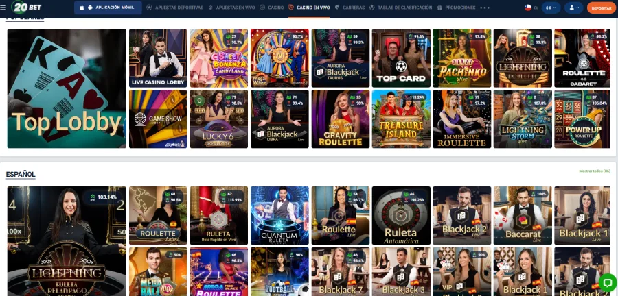 Página de juegos en vivo de 20bet