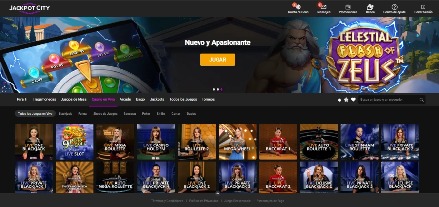 Página de juegos en vivo de Jackpot City