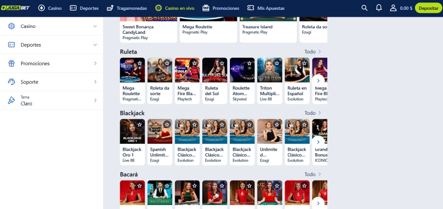 Página de juegos en vivo de Jugabet