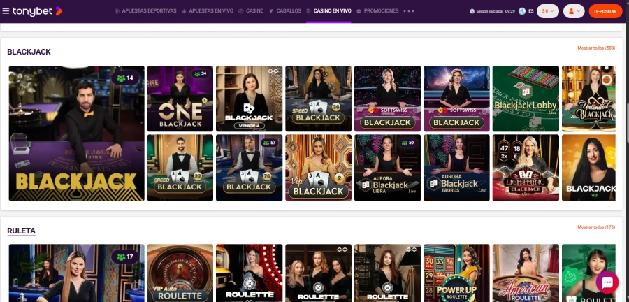 Página de juegos en vivo de Tonybet