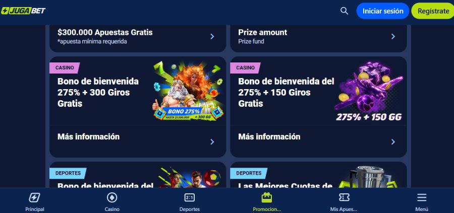 Captura de pantalla de los promociones en Jugabet