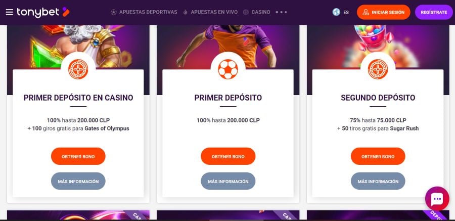 Captura de pantalla de los promociones en Tonybet