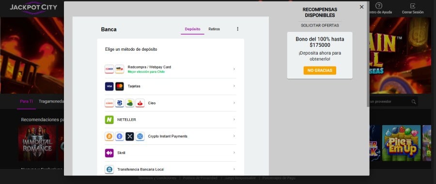 Método de pago criptomonedas en Jackpot City
