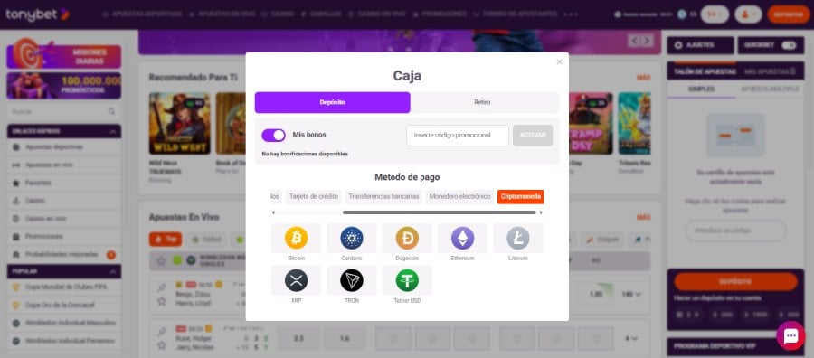 Método de pago criptomonedas en TonyBet