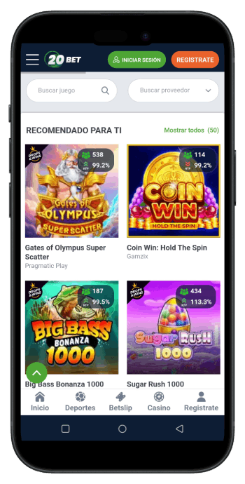 Interfaz movil 20bet