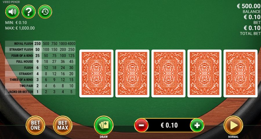 Pantalla de juego video poker