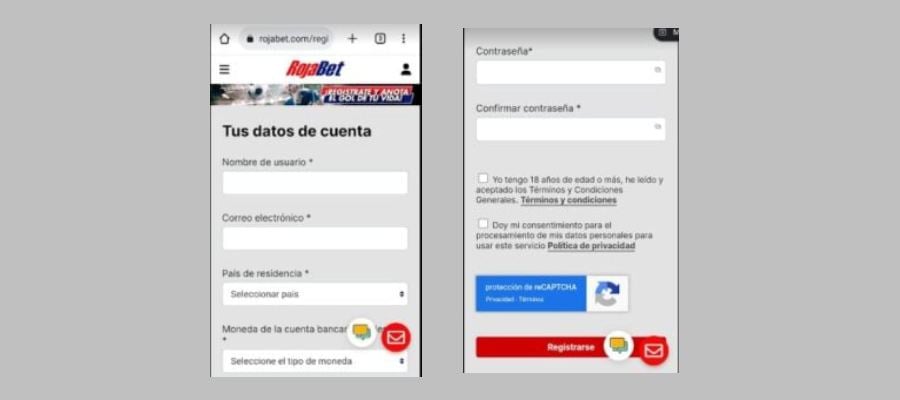 Captura de pantalla formulario de registro Rojabet