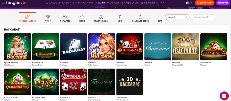 Captura de pantalla del baccarat en Tonybet