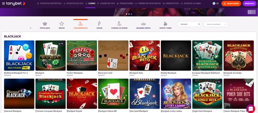 Captura de pantalla del blackjack en Tonybet