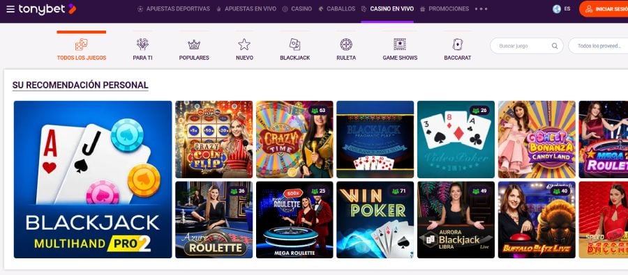 Captura de pantalla del casino en vivo en Tonybet