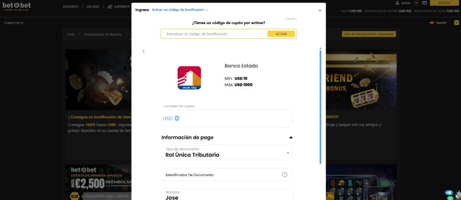 Captura de pantalla de un depósito con CuentaRut en BetOBet