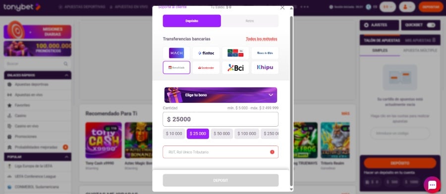 Captura de pantalla de un depósito con CuentaRut en TonyBet