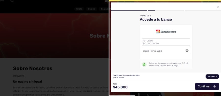 Captura de pantalla de un depósito con CuentaRut en Ultra Casino
