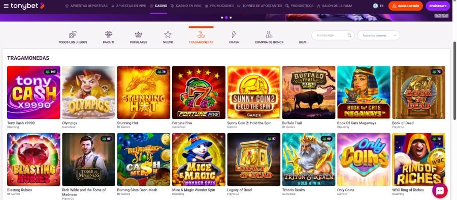 Captura de pantalla de las slots en Tonybet