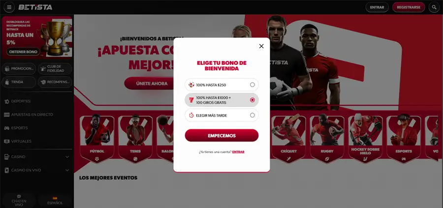 selección del bono de bienvenida betista