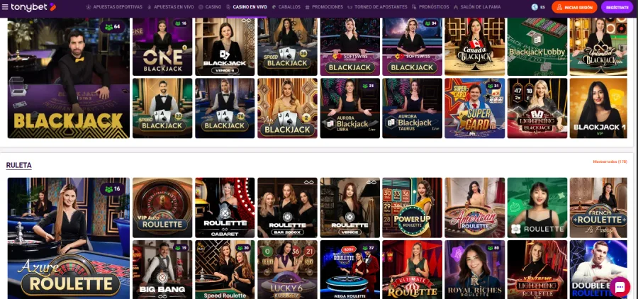 Captura de pantalla Tonybet casino en vivo