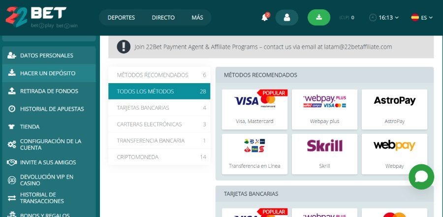Captura de pantalla de los métodos de pago de 22bet