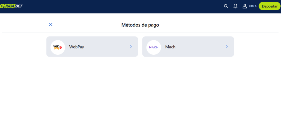 Captura de pantalla de los métodos de pago de Jugabet
