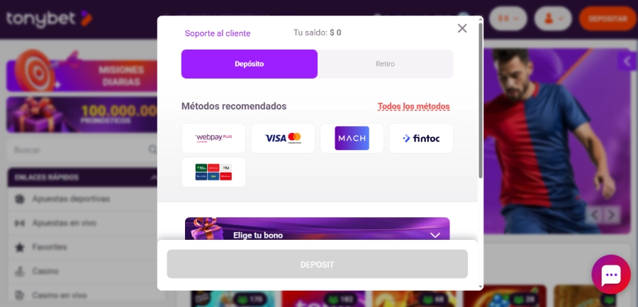 Captura de pantalla de los métodos de pago de Tonybet