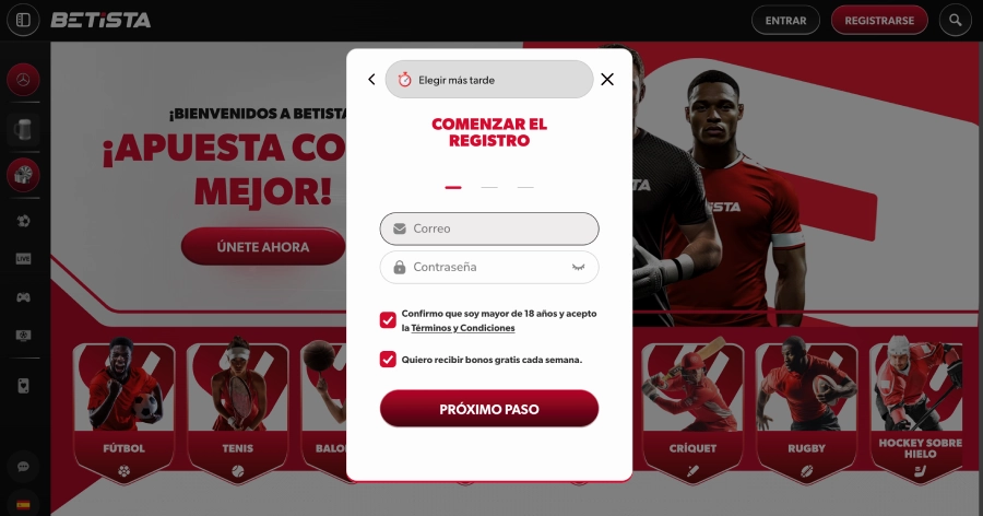 Registro en Betista paso 2