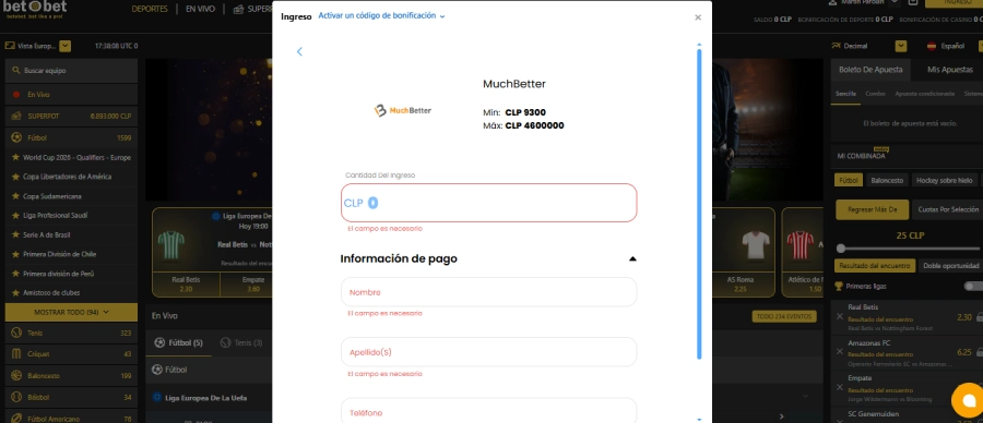Depósito con MuchBetter en BetOBet