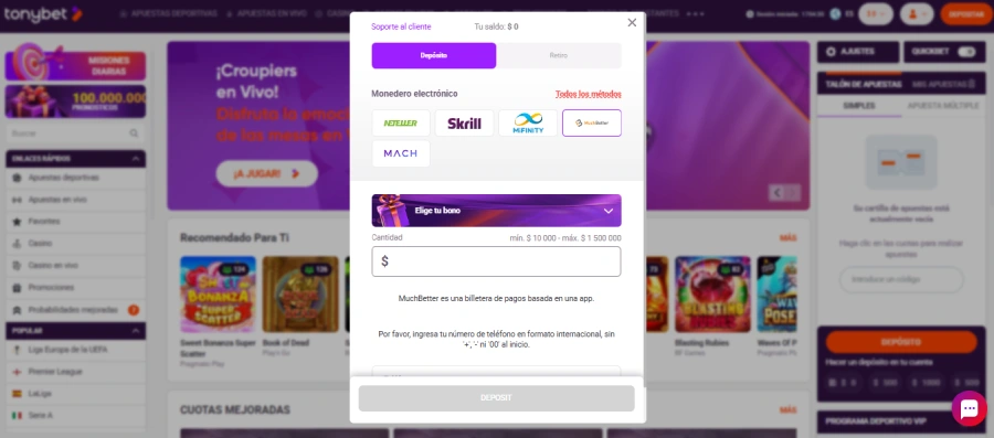 Depósito con MuchBetter en Tonybet