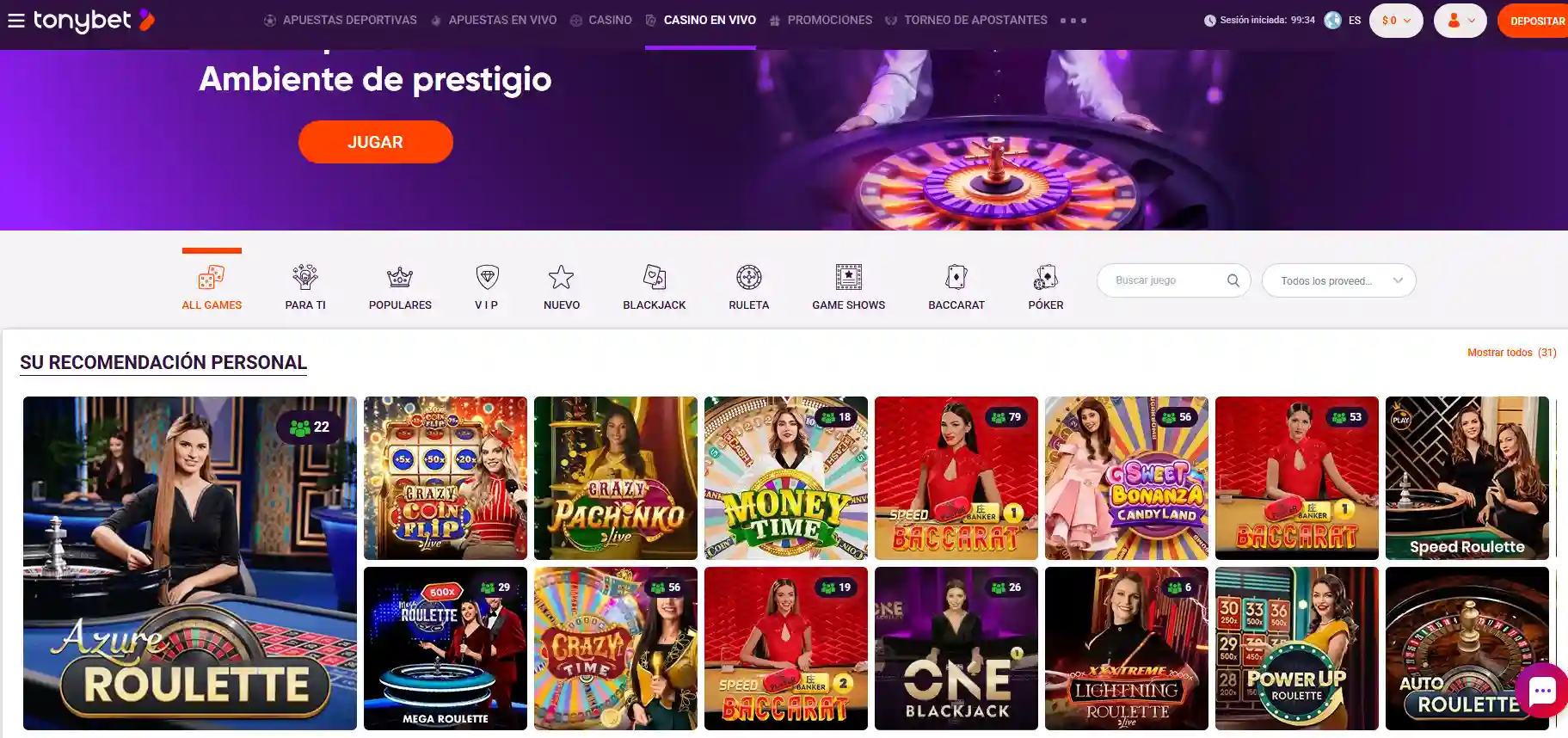 juegos en vivo tonybet