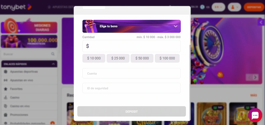 monto de depositar tonybet