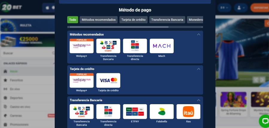 Depósito Pesos Chilenos 20bet