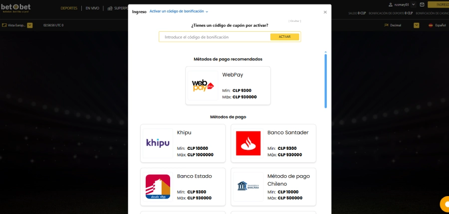 Depósito Pesos Chilenos BetOBet