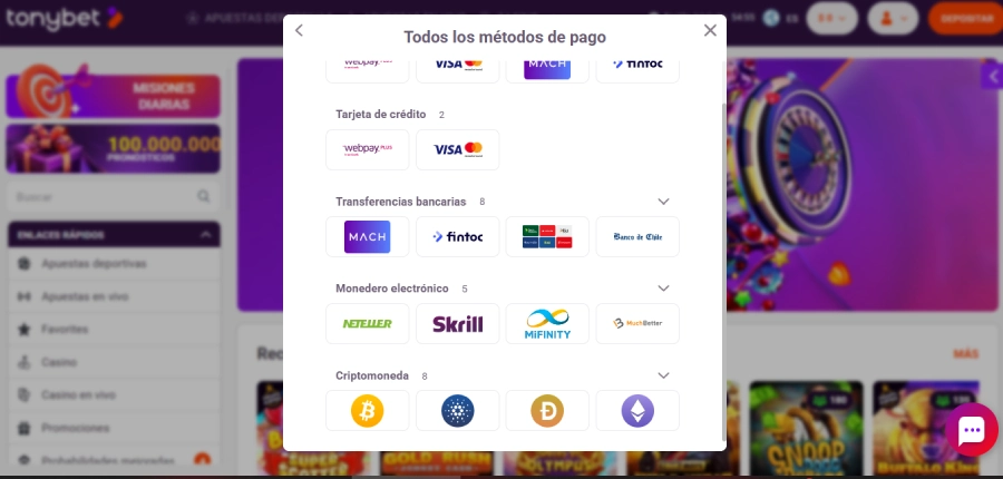 Depósito Pesos Chilenos TonyBet