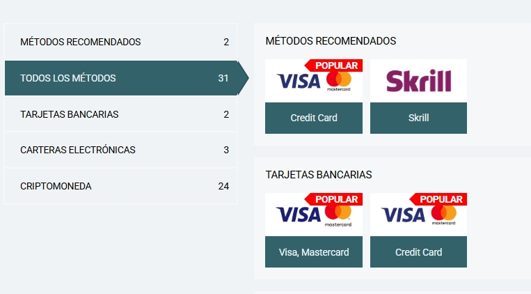 Captura de pantalla de la elección del método de depósito.