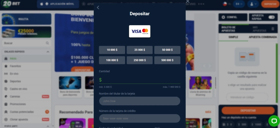 captura de pantalla método de déposito Visa en 20bet