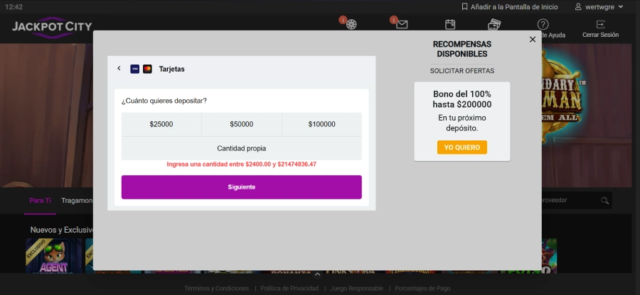 captura de pantalla método de déposito Visa en Jackpotcity
