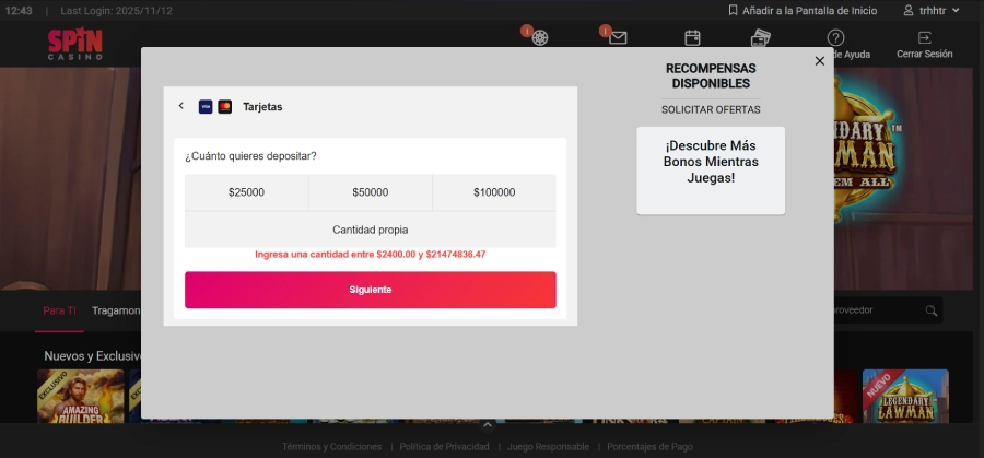 captura de pantalla método de déposito Visa en Spin Casino