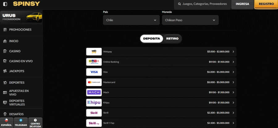 captura de pantalla método de déposito Visa en Spinsy