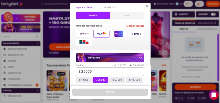 captura de pantalla método de déposito Visa en Tonybet