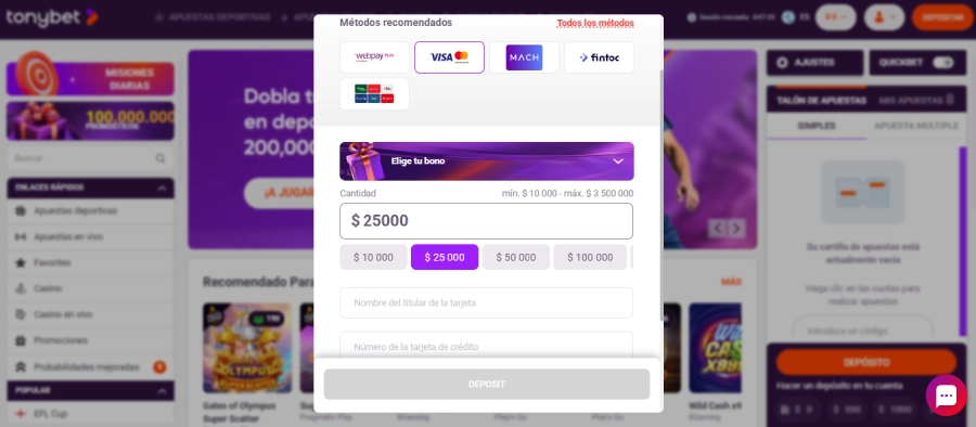 Pagamento con Mastercard en Tonybet