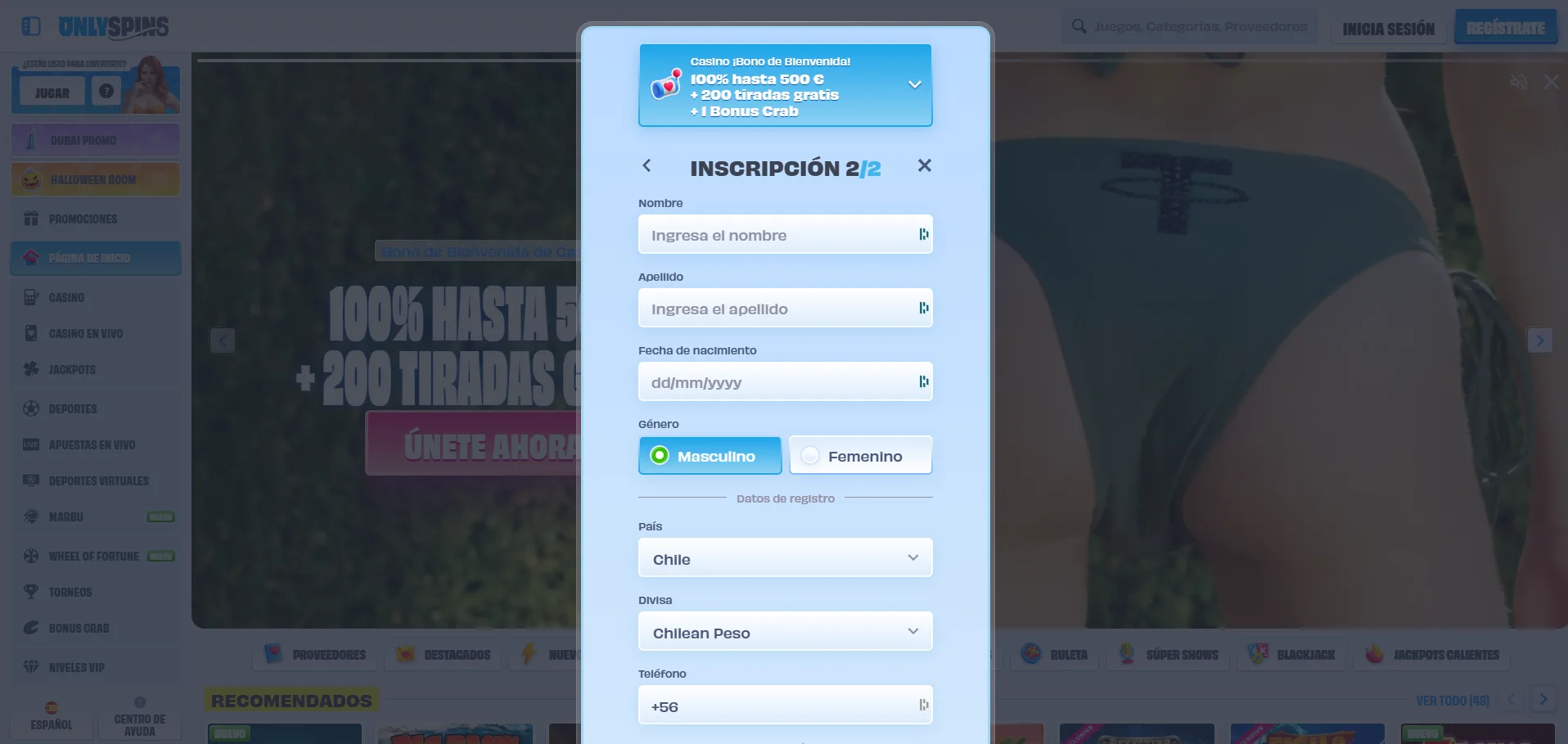 registrar en onlyspins paso 4