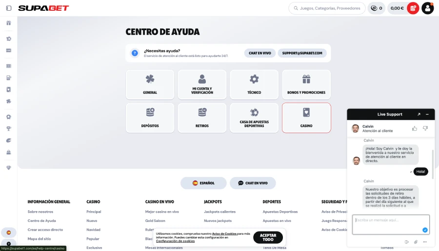 Servicio de atención al cliente en SupaBet Casino