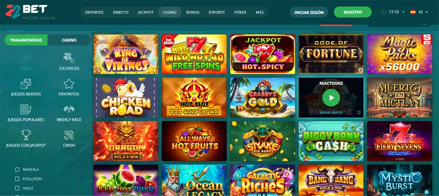 22bet con slots en perú