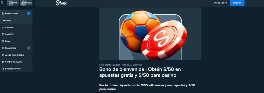 Captura de pantalla bono de bienvenida en Stake