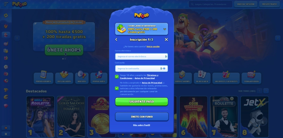 Datos básicos de registro en Pistolo Casino