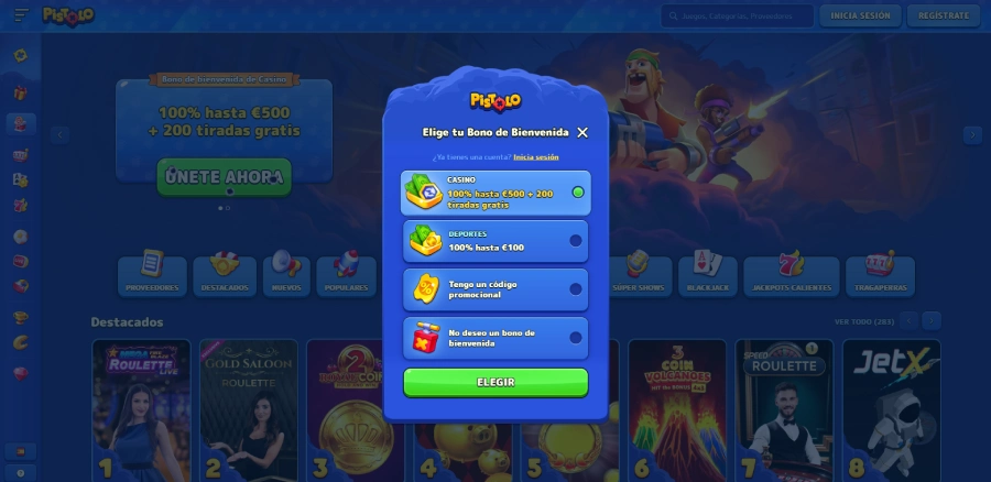 Selección del bono de bienvenida en Pistolo Casino