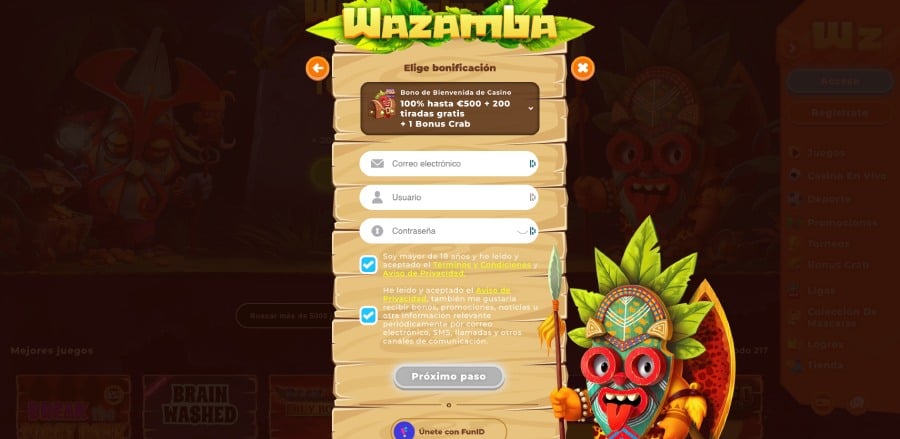 Registro en el casino Wazamba