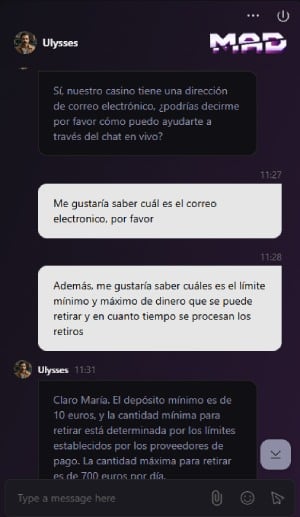 Servicio de cliente Madcasino