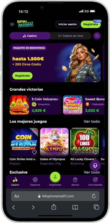 Interfaz móvil del Casino Spinmama