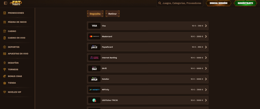 Métodos de pago en FatPirate